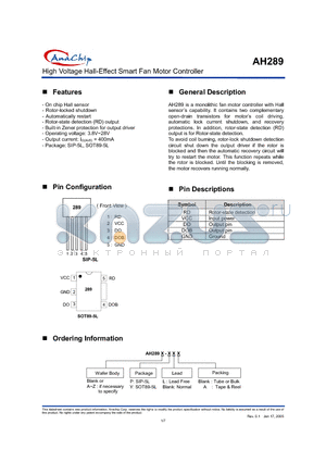 AH289 datasheet - High Voltage Hall-Effect Smart Fan Motor Controller
