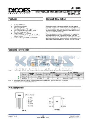 AH289-Y datasheet - HIGH VOLTAGE HALL-EFFECT SMART FAN MOTOR CONTROLLER