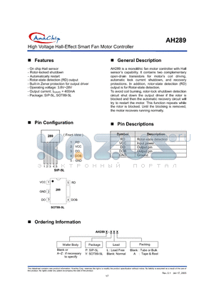 AH289APLA datasheet - High Voltage Hall-Effect Smart Fan Motor Controller