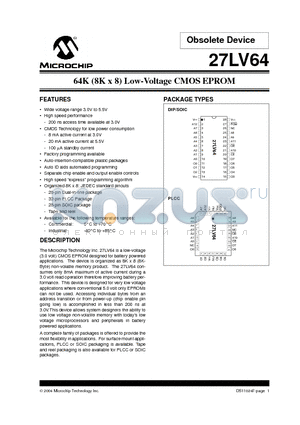 27LV64-20IL datasheet - 64K (8K x 8) Low-Voltage CMOS EPROM