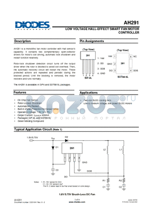 AH291 datasheet - LOW VOLTAGE HALL-EFFECT SMART FAN MOTOR