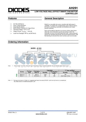 AH291-PL-B datasheet - LOW VOLTAGE HALL-EFFECT SMART FAN MOTOR CONTROLLER
