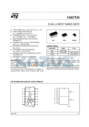74ACT20 datasheet - DUAL 4-INPUT NAND GATE