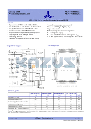 AS7C3364PFS32A datasheet - 3.3V 64K X 32/36 pipeline burst synchronous SRAM