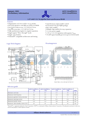 AS7C3364PFS32A-166TQI datasheet - 3.3V 64K X 32/36 pipeline burst synchronous SRAM