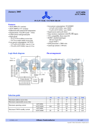 AS7C34096-20JIN datasheet - 5V/3.3V 512K X8 CMOS SRAM