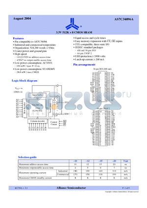 AS7C34096A-10JC datasheet - 3.3V 512K x 8 CMOS SRAM