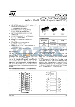 74ACT245TTR datasheet - OCTAL BUS TRANSCEIVER WITH 3 STATE OUTPUTS (NON INVERTED)