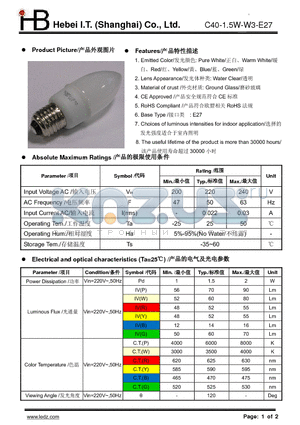 C40-1.5W-W3-E27 datasheet - Emitted Color: Pure WhiteWarm WhiteRedYellowBlueGreen