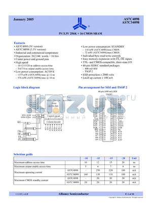 AS7C34098-10 datasheet - 5V/3.3V 256K x 16 CMOS SRAM