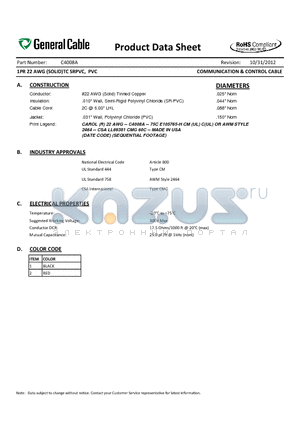 C4008A datasheet - 1PR 22 AWG (SOLID)TC SRPVC, PVC COMMUNICATION & CONTROL CABLE