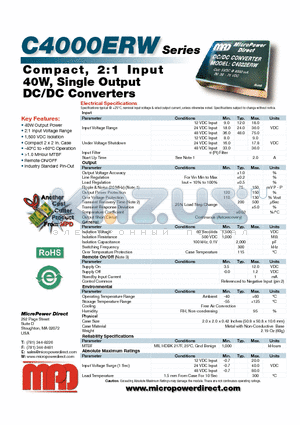 C4000ERW datasheet - Compact, 2:1 Input 40W, Single Output DC/DC Converters