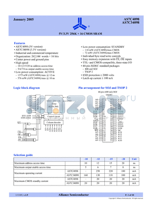 AS7C34098-12TIN datasheet - 5V/3.3V 256K x 16 CMOS SRAM