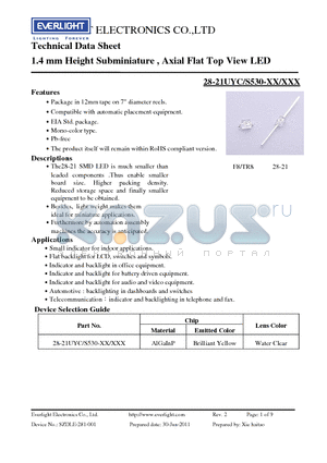28-21UYC-S530-XX-XXX datasheet - 1.4 mm Height Subminiature , Axial Flat Top View LED