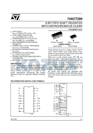 74ACT299B datasheet - 8 BIT PIPO SHIFT REGISTER WITH ASYNCHRONOUS CLEAR