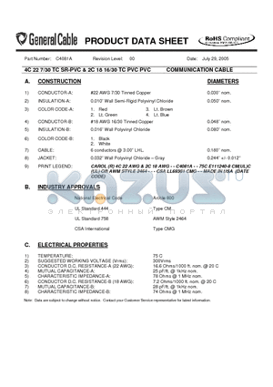 C4081A datasheet - 4C 22 7/30 TC SR-PVC & 2C 18 16/30 TC PVC PVC COMMUNICATION CABLE