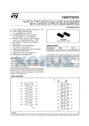 74ACT32701LB datasheet - 16-BIT D-TYPE LATCH PULS 16-BIT BUS BUFFER WITH 3-STATE OUTPUTS (NON INVERTED)