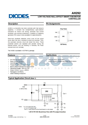 AH292 datasheet - LOW VOLTAGE HALL-EFFECT SMART FAN MOTOR