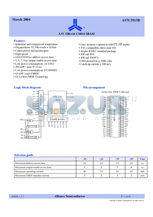 AS7C3513B-10TC datasheet - 3.3V 32K x 16 CMOS SRAM