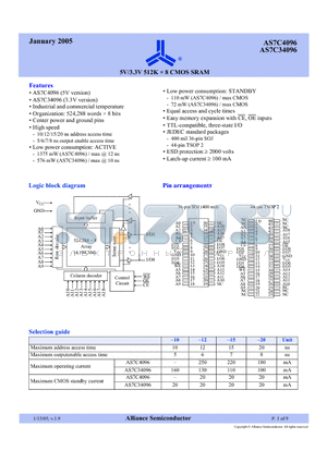 AS7C4096-12JCN datasheet - 5V/3.3V 512K X8 CMOS SRAM