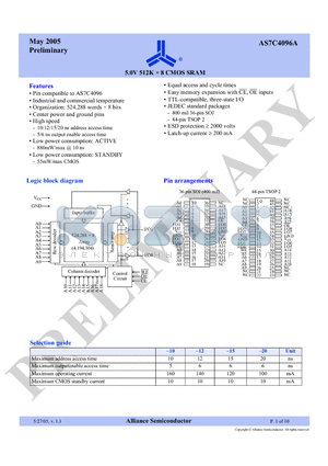 AS7C4096A-10JIN datasheet - 5.0V 512K x 8 CMOS SRAM