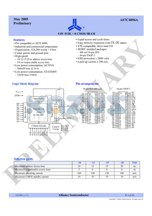 AS7C4096A-15TCN datasheet - 5.0V 512K x 8 CMOS SRAM