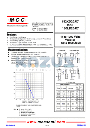 102KD20JX datasheet - 11 to 1000 Volts Varistor 13 to 1020 Joule