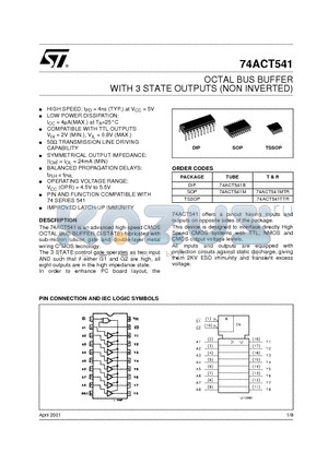 74ACT541MTR datasheet - OCTAL BUS BUFFER WITH 3 STATE OUTPUTS (NON INVERTED)