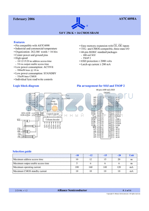AS7C4098A datasheet - 5.0 V 256 K  16 CMOS SRAM