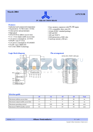 AS7C513B-10JI datasheet - 5V 32K x 16 CMOS SRAM