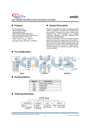 AH293AYL datasheet - Low Voltage Hall-Effect Smart Fan Motor Controller