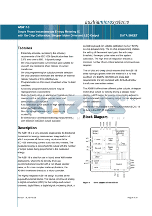 AS8118_1 datasheet - Single Phase Instantaneous Energy Metering IC with On-Chip Calibration, Stepper Motor Drive and LED Output