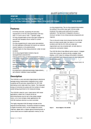 AS8168 datasheet - Single Phase Average Energy Metering IC with On-Chip Calibration, Stepper Motor Drive and LED Output
