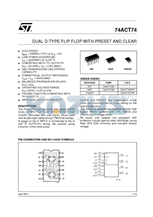 74ACT74B datasheet - DUAL D-TYPE FLIP FLOP WITH PRESET AND CLEAR