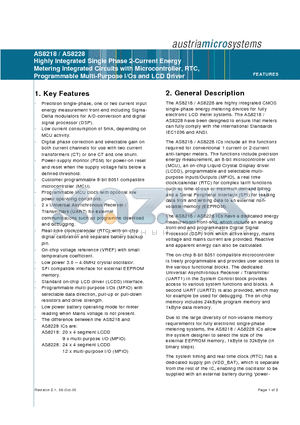 AS8218 datasheet - Highly Integrated Single Phase 2-Current Energy Metering Integrated Circuits with Microcontroller, RTC, Programmable Multi-Purpose I/Os and LCD Driver