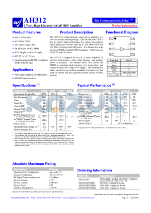 AH312-S8PCB1960 datasheet - 2 Watt, High Linearity InGaP HBT Amplifier