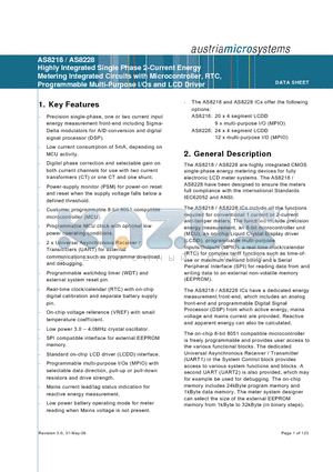 AS8228 datasheet - Highly Integrated Single Phase 2 Current Energy Metering Integrated Circuits