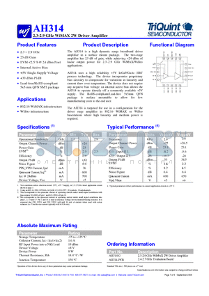 AH314 datasheet - 2.3-2.9 GHz WiMAX 2W Driver Amplifier