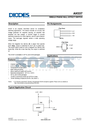 AH337-WG-7 datasheet - SINGLE PHASE HALL EFFECT SWITCH