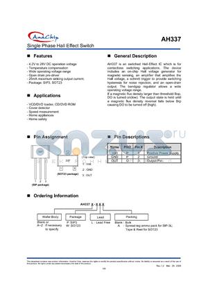 AH337B-L datasheet - Single Phase Hall Effect Switch