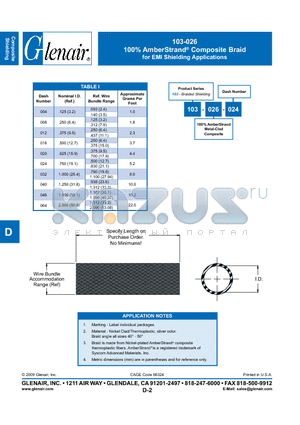 103-026-012 datasheet - 100% AmberStrand Composite Braid