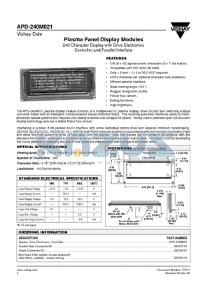 280105-01 datasheet - Plasma Panel Display Modules 240 Character Display with Drive Electronics Controller and Parallel Interface