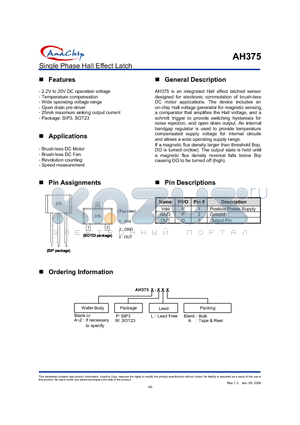 AH375 datasheet - Single Phase Hall Effect Latch