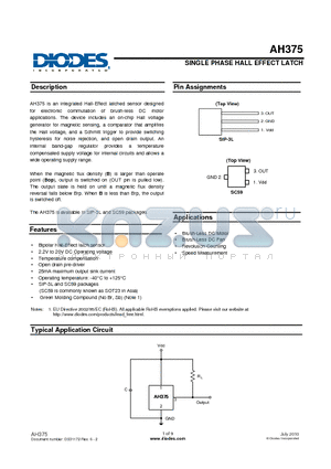 AH375-PL-B datasheet - SINGLE PHASE HALL EFFECT LATCH