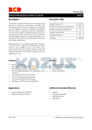 AH477Z4-BE1 datasheet - SINGLE PHASE HALL EFFECT LATCH