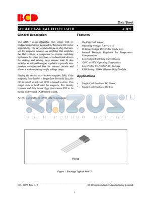 AH477Z4-BG1 datasheet - SINGLE PHASE HALL EFFECT LATCH