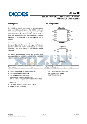 AH5792 datasheet - SINGLE PHASE HALL EFFECT LATCH SMART FAN MOTOR CONTROLLER
