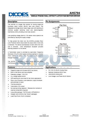 AH5794 datasheet - SINGLE PHASE HALL EFFECT LATCH FAN MOTOR DRIVER