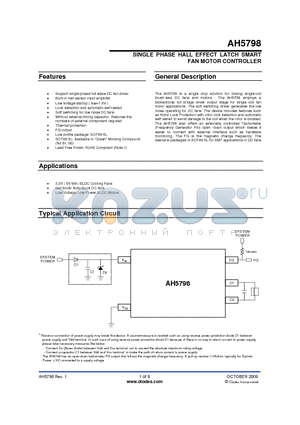 AH5798-YG-13 datasheet - SINGLE PHASE HALL EFFECT LATCH SMART FAN MOTOR CONTROLLER