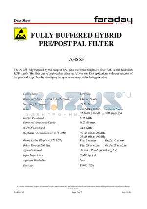 AH855 datasheet - FULLY BUFFERED HYBRID PRE/POST PAL FILTER